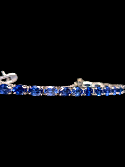 Vintage Inspired 18+ Carat Oval Cut Genuine Sapphire Sterling Silver Tennis Bracelet with 14k White Gold Safety Chain