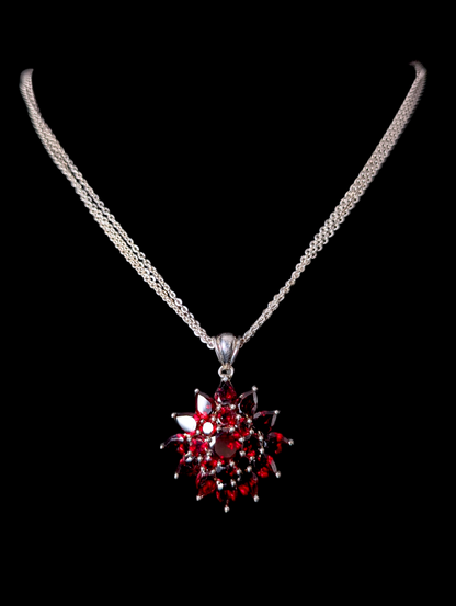 Vintage Genuine Red Garnet Starburst Pendant with Multi Strand Sterling Silver Chain Necklace