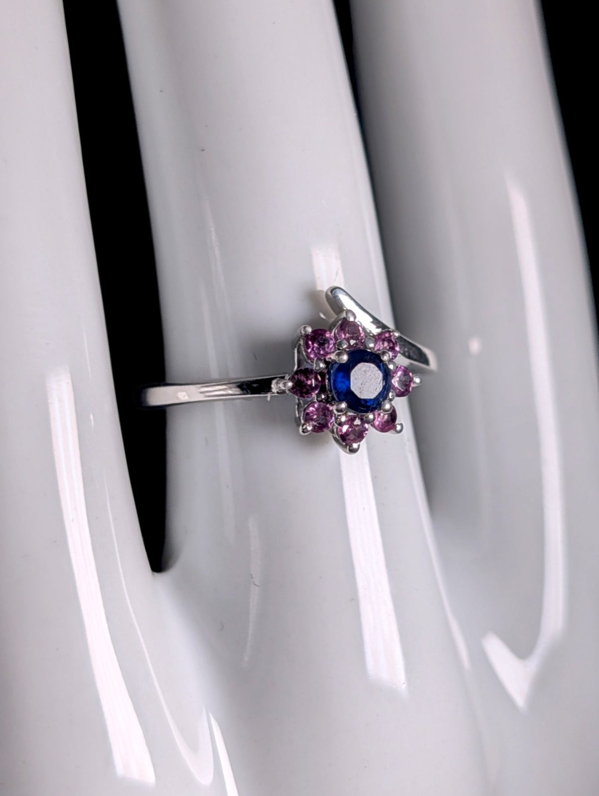 Vintage Dainty Flower Genuine Blue Sapphire and Simulated Pink Sapphire Halo Sterling Silver Stackable Ring