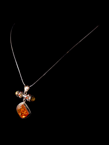 Vintage Artisan Genuine Honey and Baltic Amber Sterling Silver Poland Pendant with Necklace