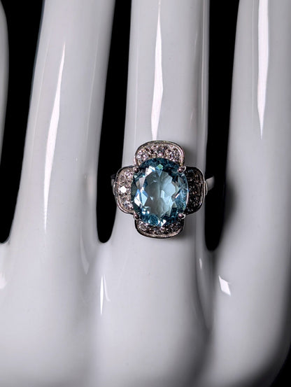 Vintage Genuine 4.5ct Aquamarine with Dazzling Halo White Gold over Sterling Ring
