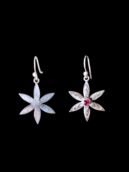 Vintage Flower Bezel Set Cabochon Genuine Garnet Sterling Silver Earrings