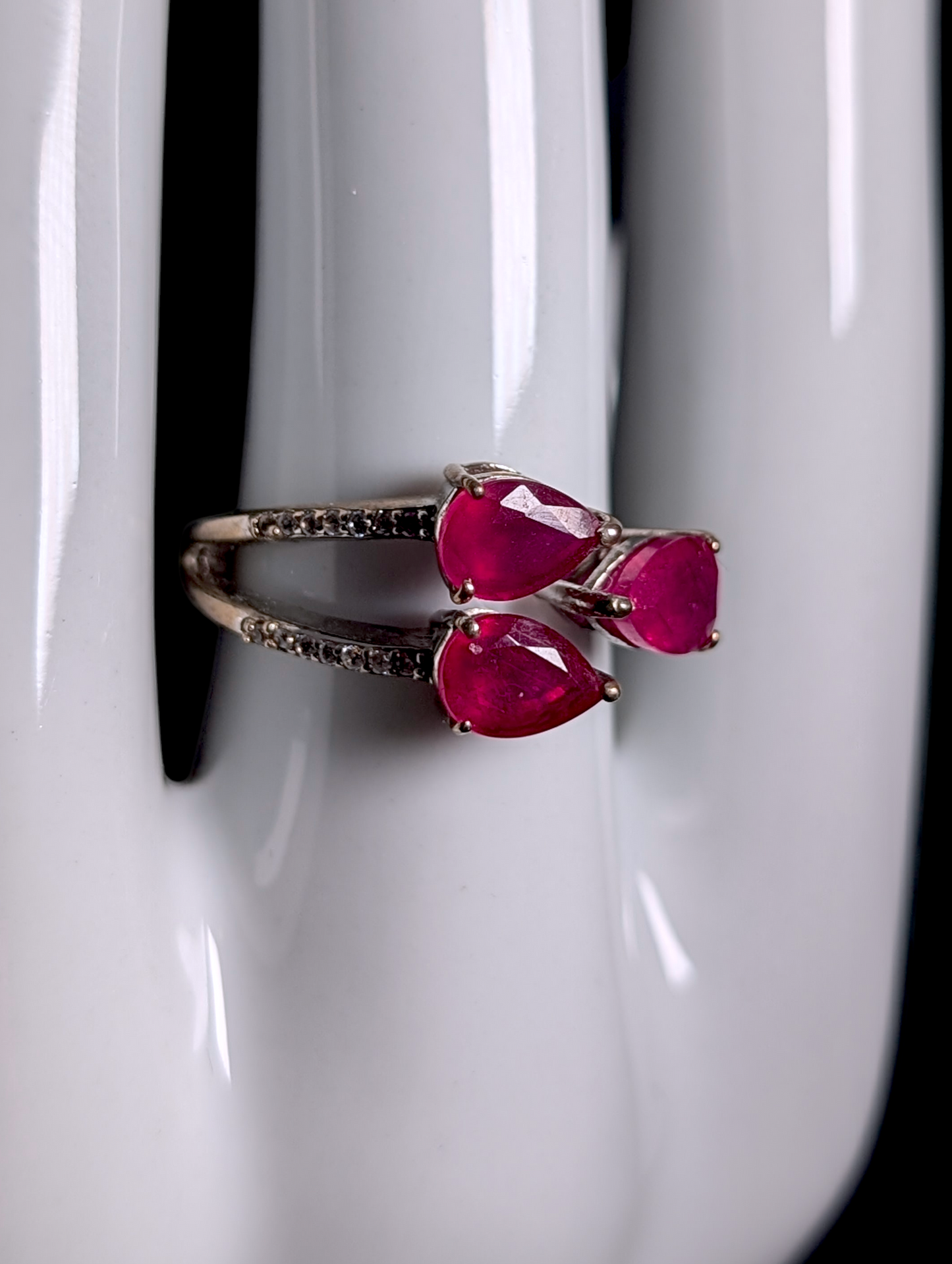 Vintage 3 Stone Pear Cut Genuine Ruby and White Zircon Sterling Silver Adjustable Ring