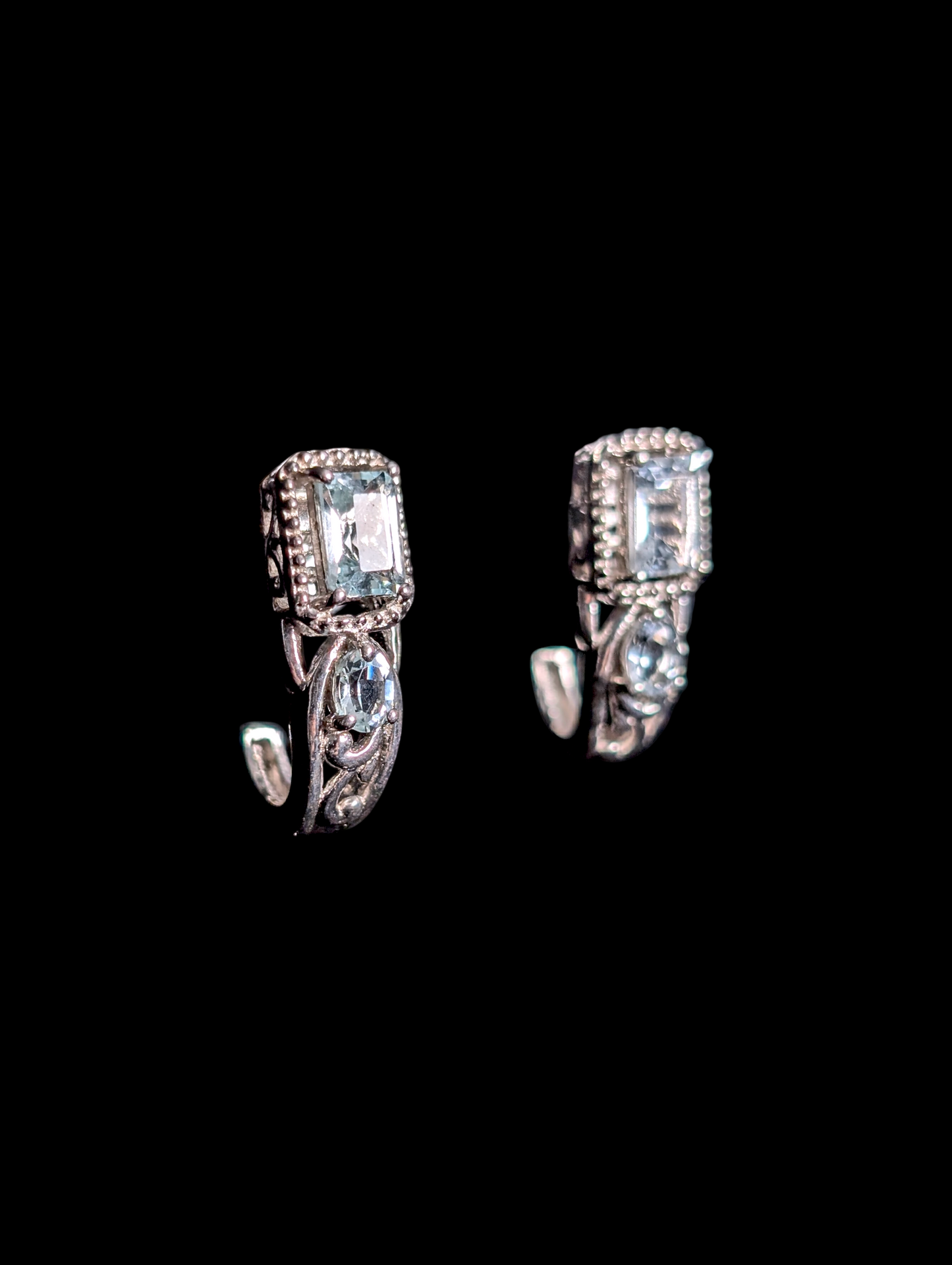 Vintage Inspired Emerald Cut Genuine Aquamarine Huggie Post Sterling Silver Earrings