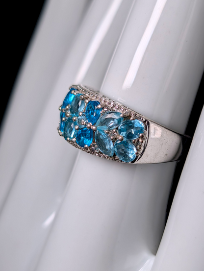 Vintage Cluster Genuine Blue Apatite Sterling Silver Statement Ring