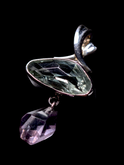 Vintage Large Genuine Green and Purple Amethyst Briolette Sterling Silver Pendant