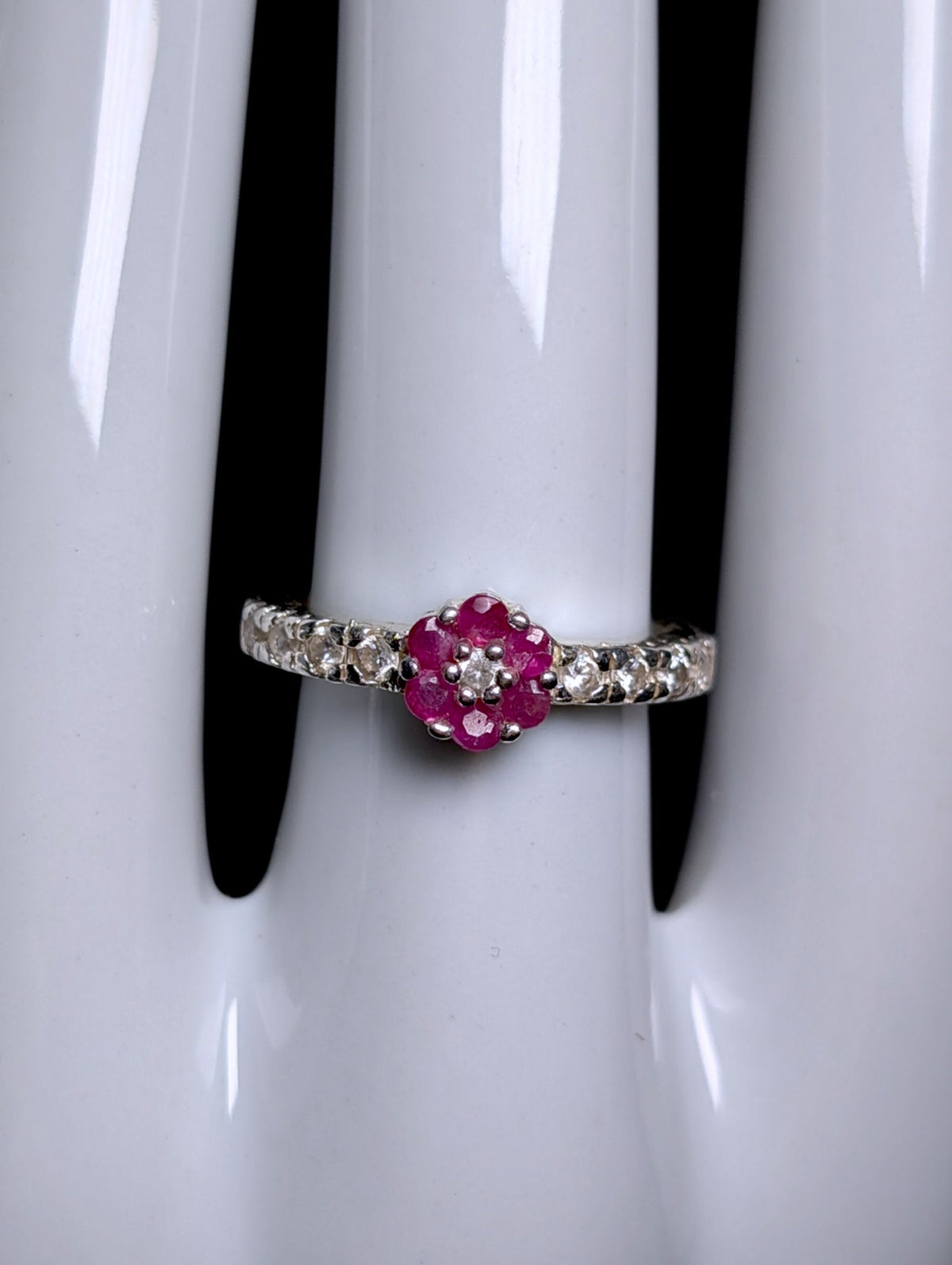 Vintage Genuine Ruby Flower and Simulated Diamond Sterling Plated Band Ring