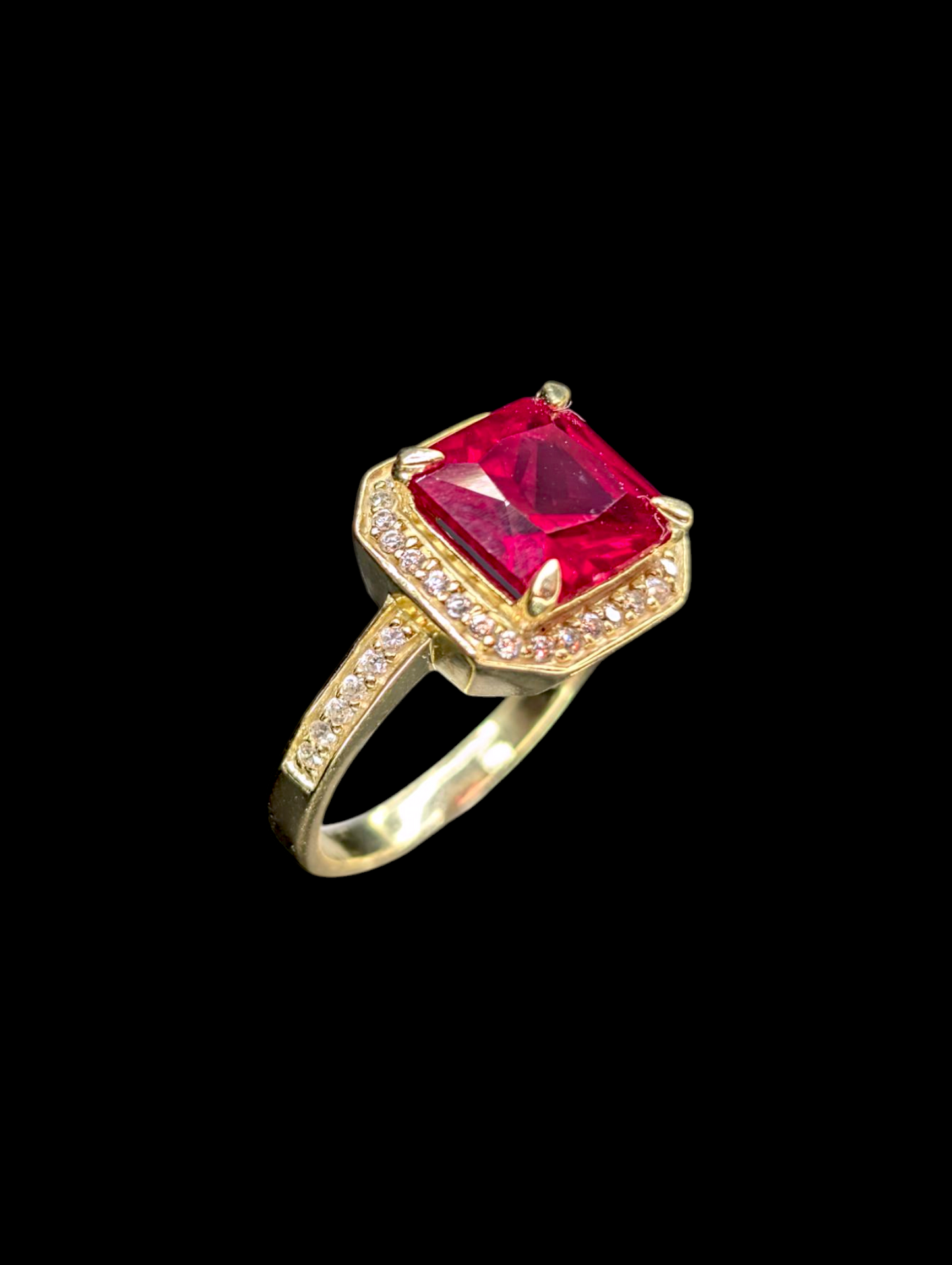 Vintage 5.6 Carat Solitaire Genuine Ruby and Zircon Halo 14k Gold Vermeil Princess Cut Ring