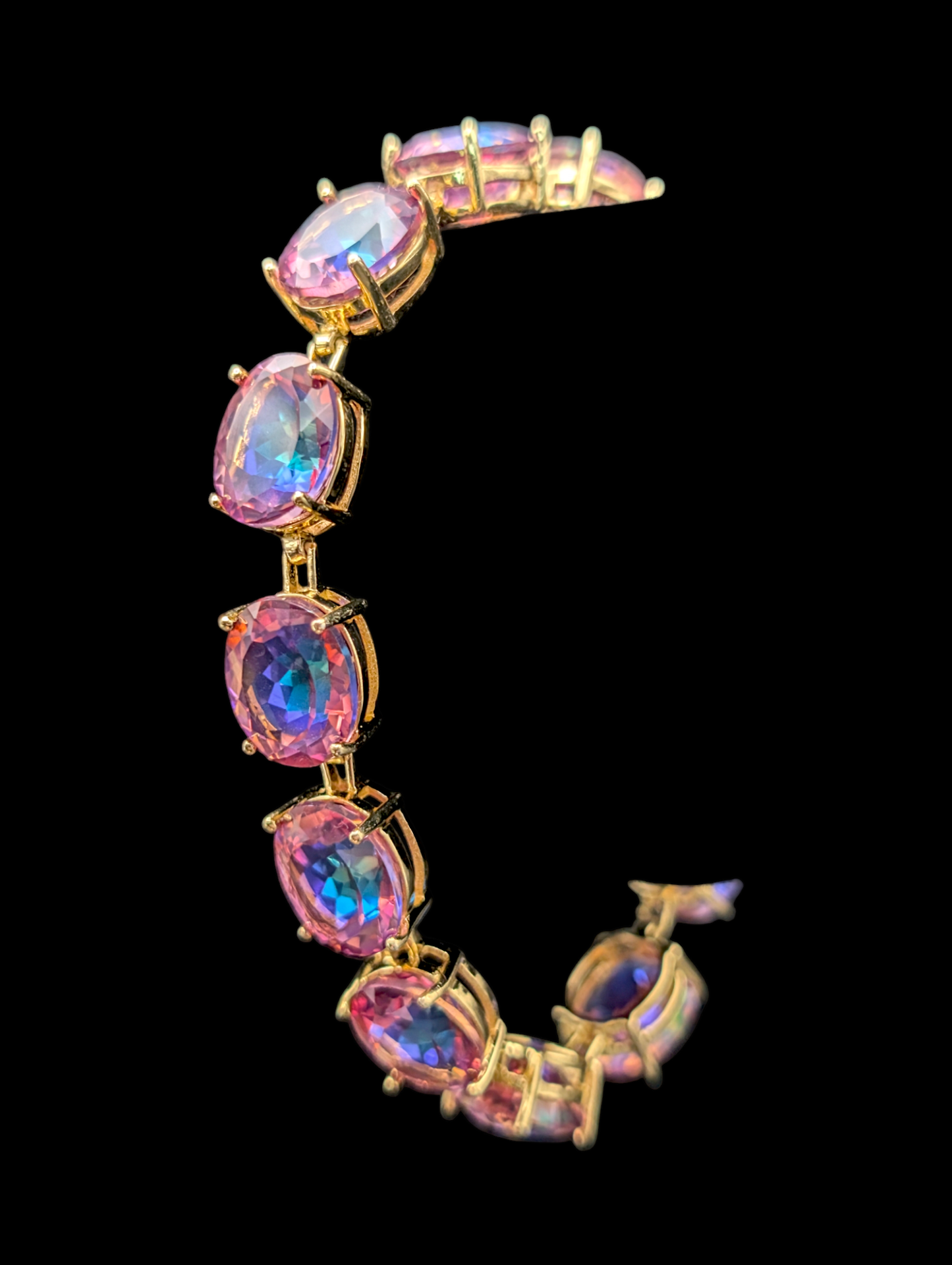 Vintage 50 Carat Genuine Pink Mystic Topaz Gemstone 18k Yellow Gold Vermeil Tennis Bracelet