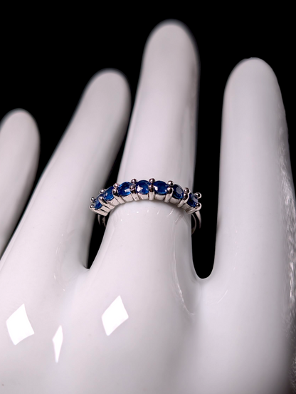 Vintage Round Cut Half Infinity Genuine Royal Blue Sapphire Rhodium Over Sterling Silver Ring Stackable Band