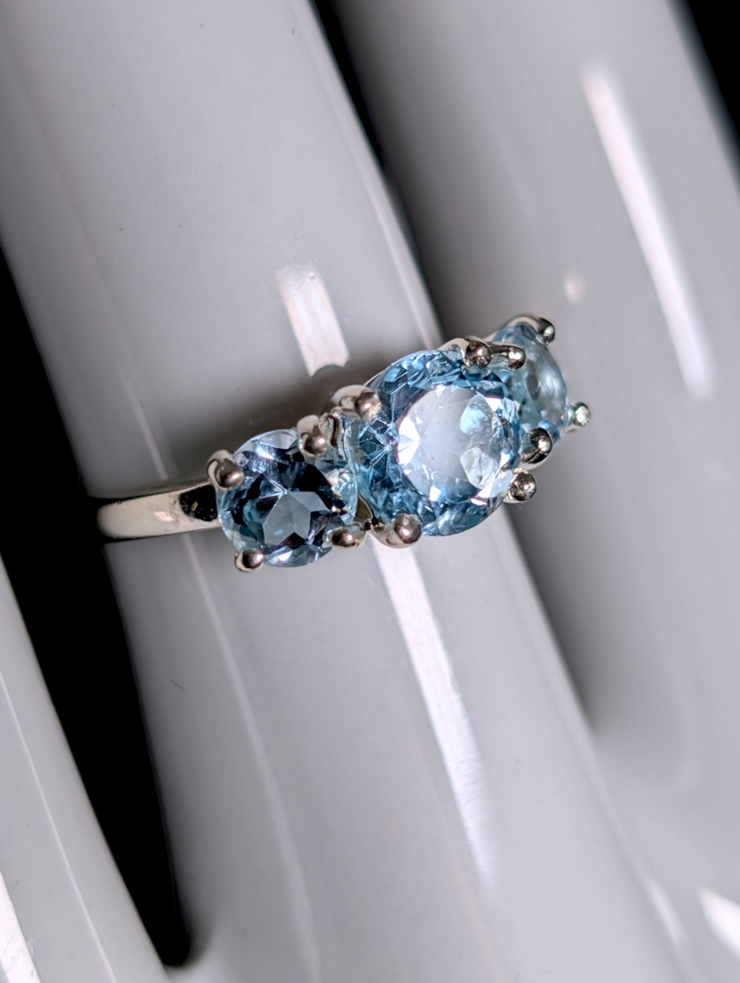 Vintage Round Cut Three Stone Genuine Sky Blue Sterling Silver Ring