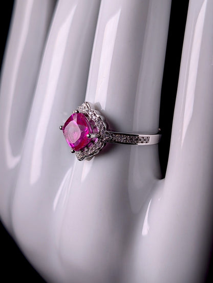 Vintage Genuine Hot Pink Topaz Solitaire and Simulated Diamond Halo Sterling Silver Ring