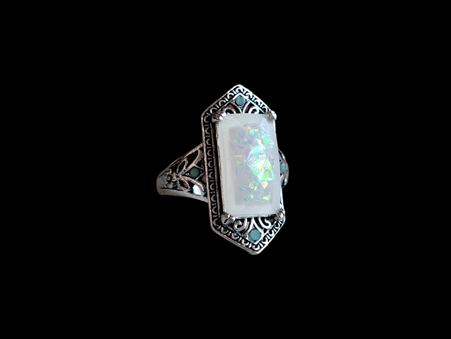 Vintage Art Deco Inspired Simulated Opal and Peridot Silver Pinky Ring