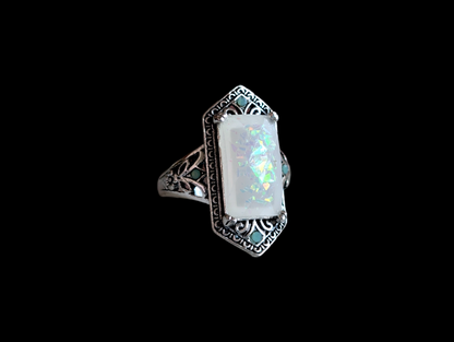 Vintage Art Deco Inspired Simulated Opal and Peridot Silver Pinky Ring