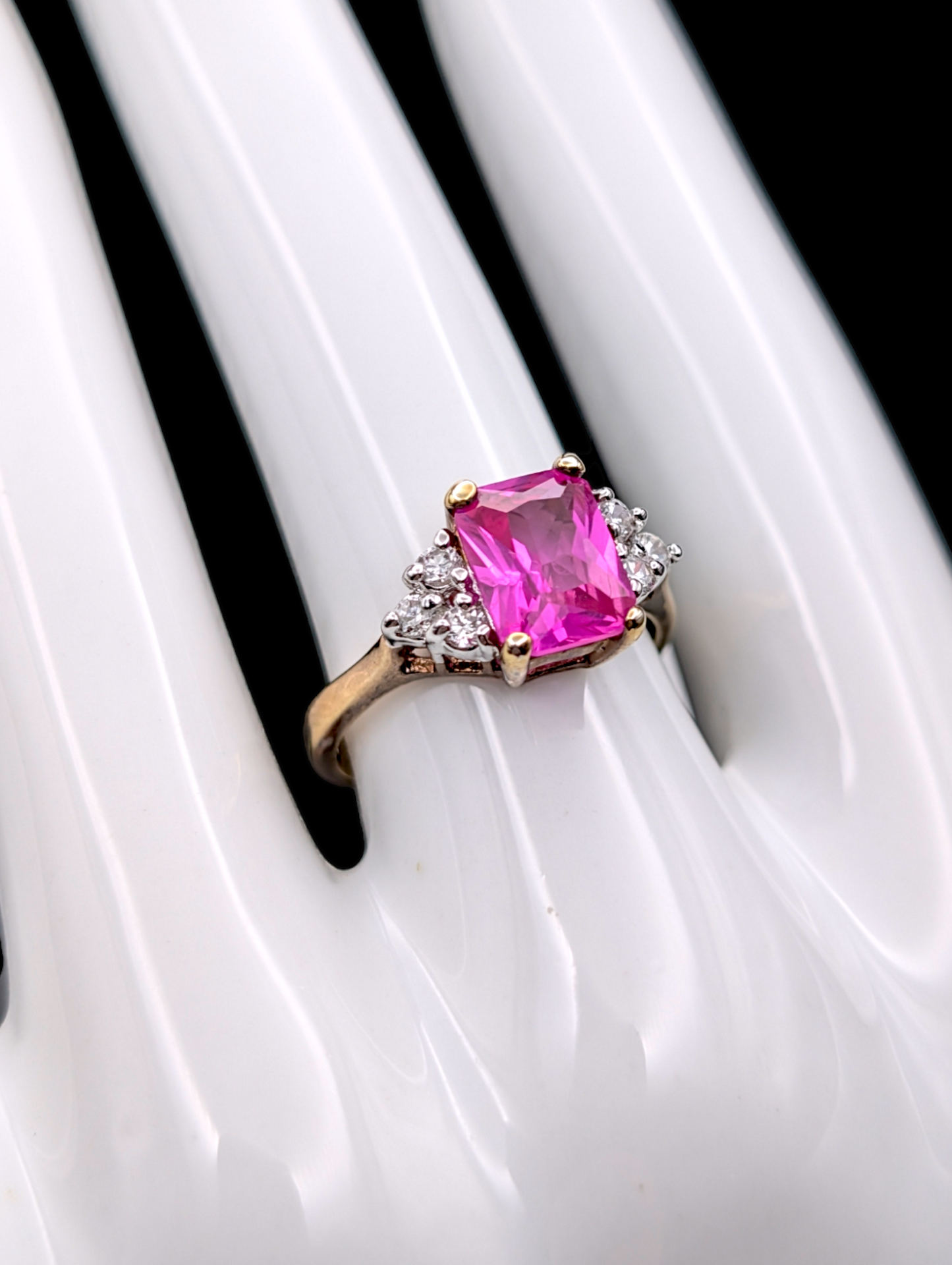 Vintage Radiant Cut Genuine Pink Sapphire and Simulated Diamond 18k Yellow Gold Vermeil Sterling Silver Ring