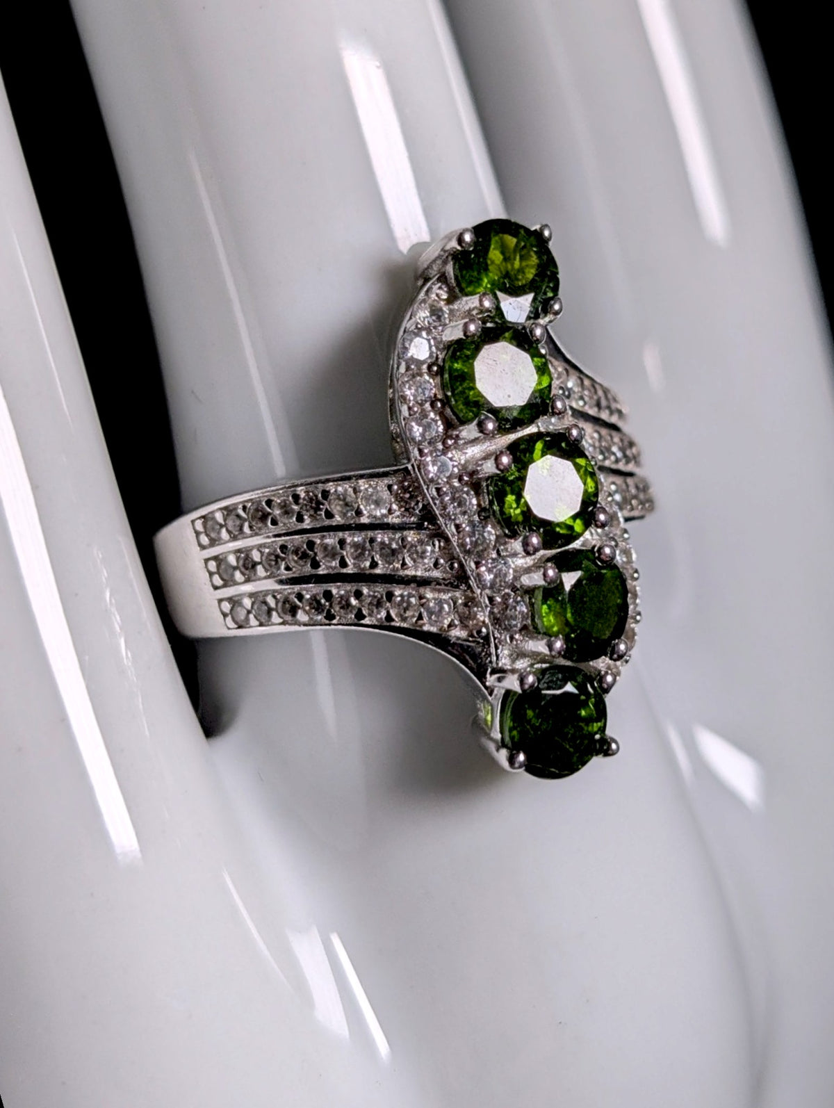 Vintage Waterfall Genuine Chrome Diopside and White Topaz Sterling Silver Ring