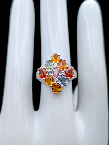 Vintage Rainbow Genuine Fancy Sapphire and Topaz Accented Sterling Silver Cluster Ring