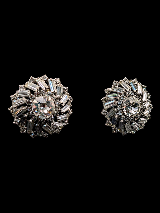 1950s Signed Hobe' Dazzling Round and Baguette Rhinestone Cocktail Earrings