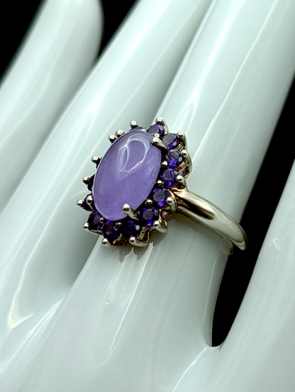 Vintage Cabochon Solitaire Genuine Lavender Jade and Grape Amethyst Halo Sterling Silver Ring