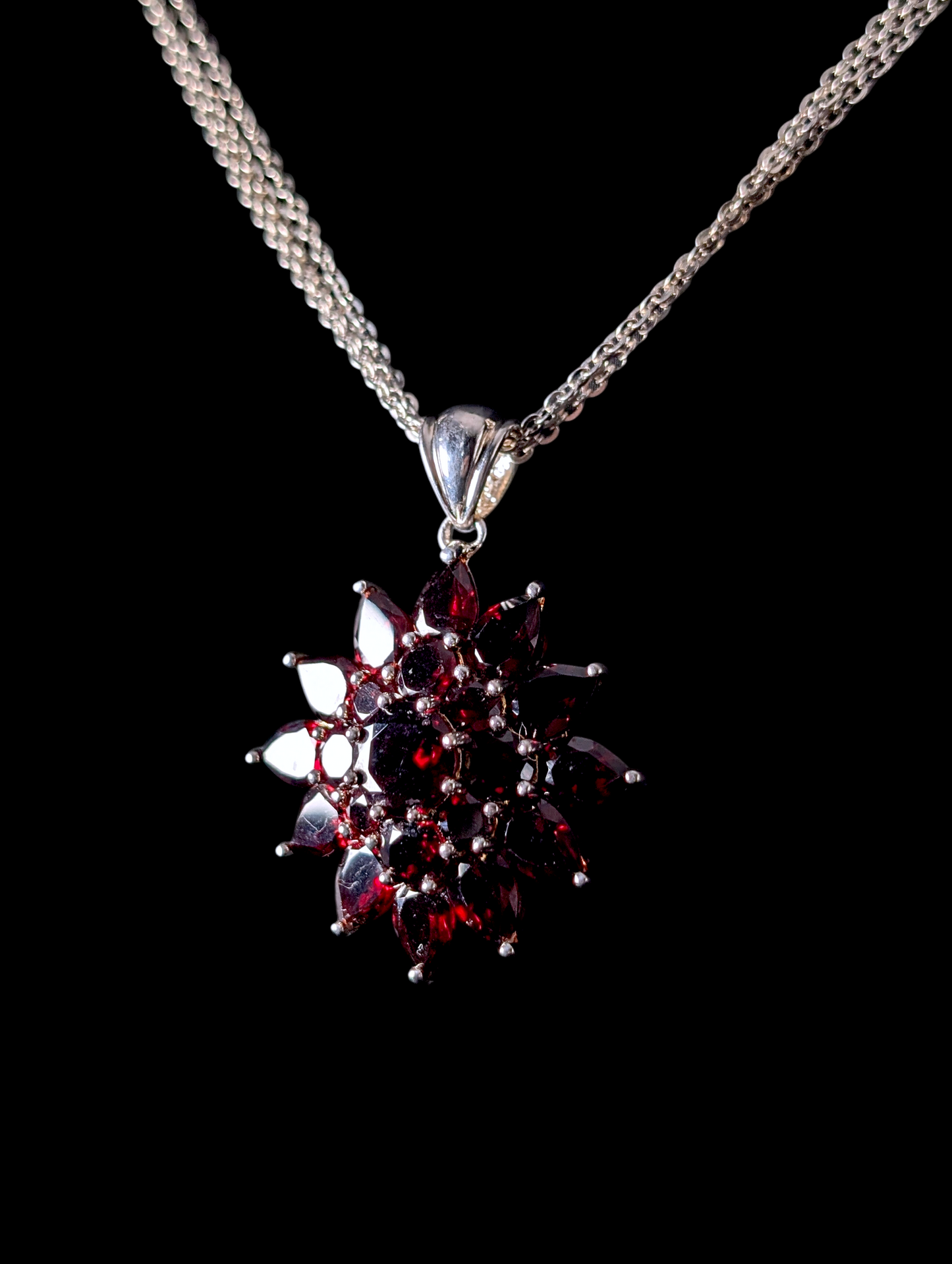 Vintage Genuine Red Garnet Starburst Pendant with Multi Strand Sterling Silver Chain Necklace