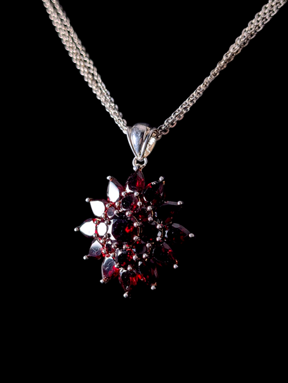 Vintage Genuine Red Garnet Starburst Pendant with Multi Strand Sterling Silver Chain Necklace