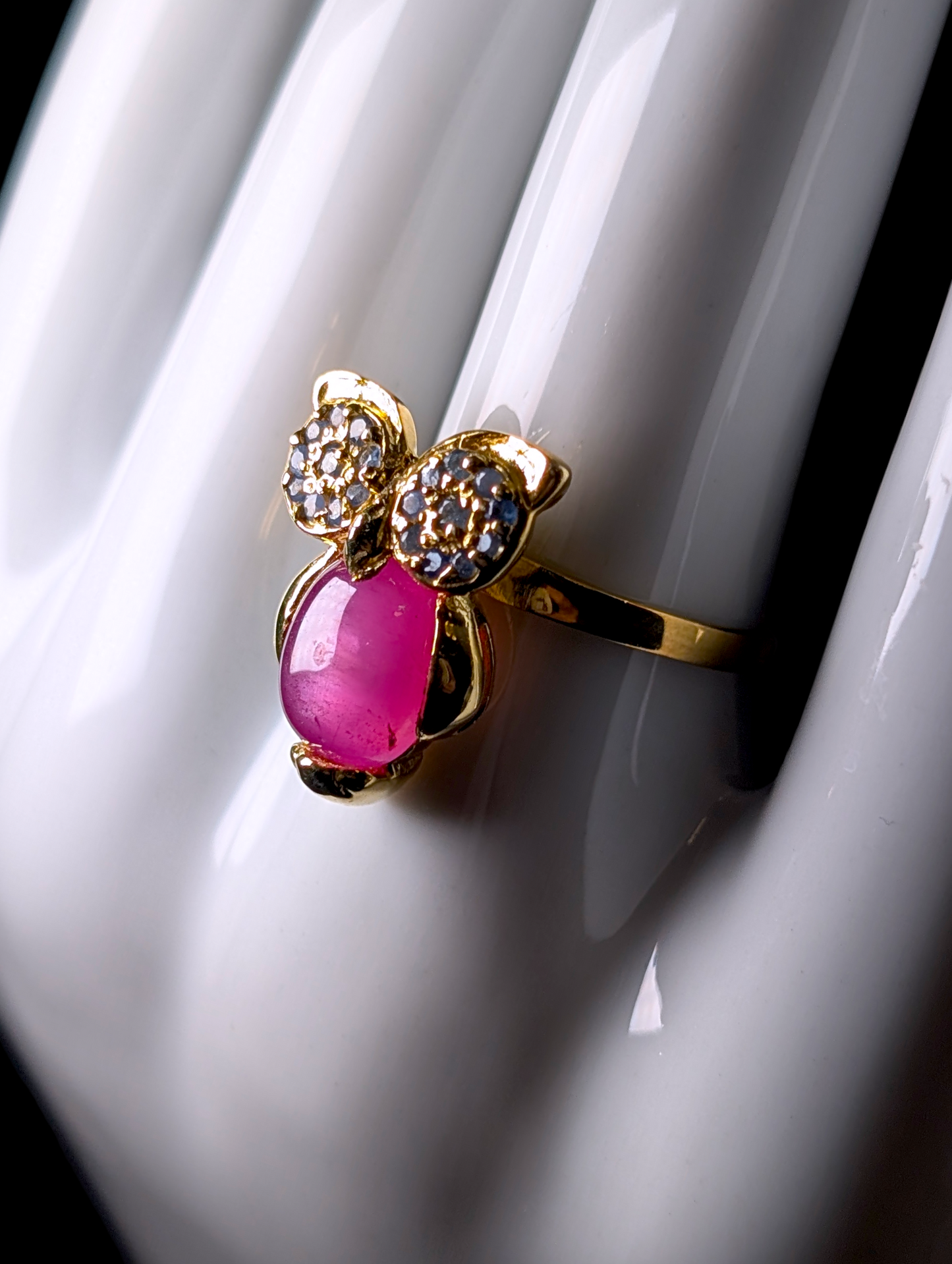 Vintage Owl Genuine Sapphire and Star Ruby 14kt Gold over Sterling Ring