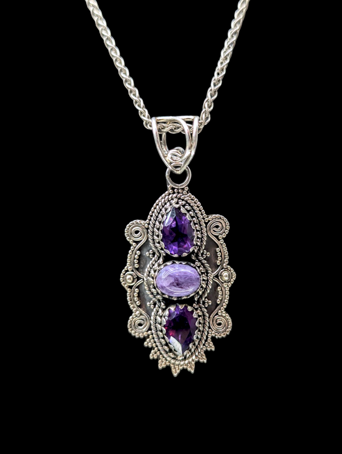 Vintage Genuine Amethyst and Charoite Sterling Silver Artisan Pendant