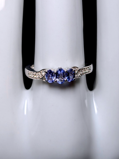 Vintage Dainty Three Stone Earth Mined Genuine Tanzanite and White Topaz Sterling Silver Ring
