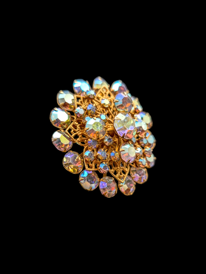 1940s - 1950s Aurora Borealis Jonquils Rhinestone Starburst Brooch Pin with Gold Star Filigree Details