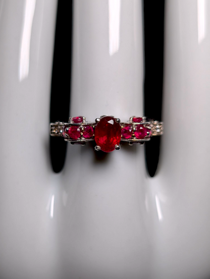 Vintage Royal Inspired Oval Cut Solitaire Genuine Ruby with Ruby Accent Stones and Diamond Accented Mount in Sterling Silver Ring