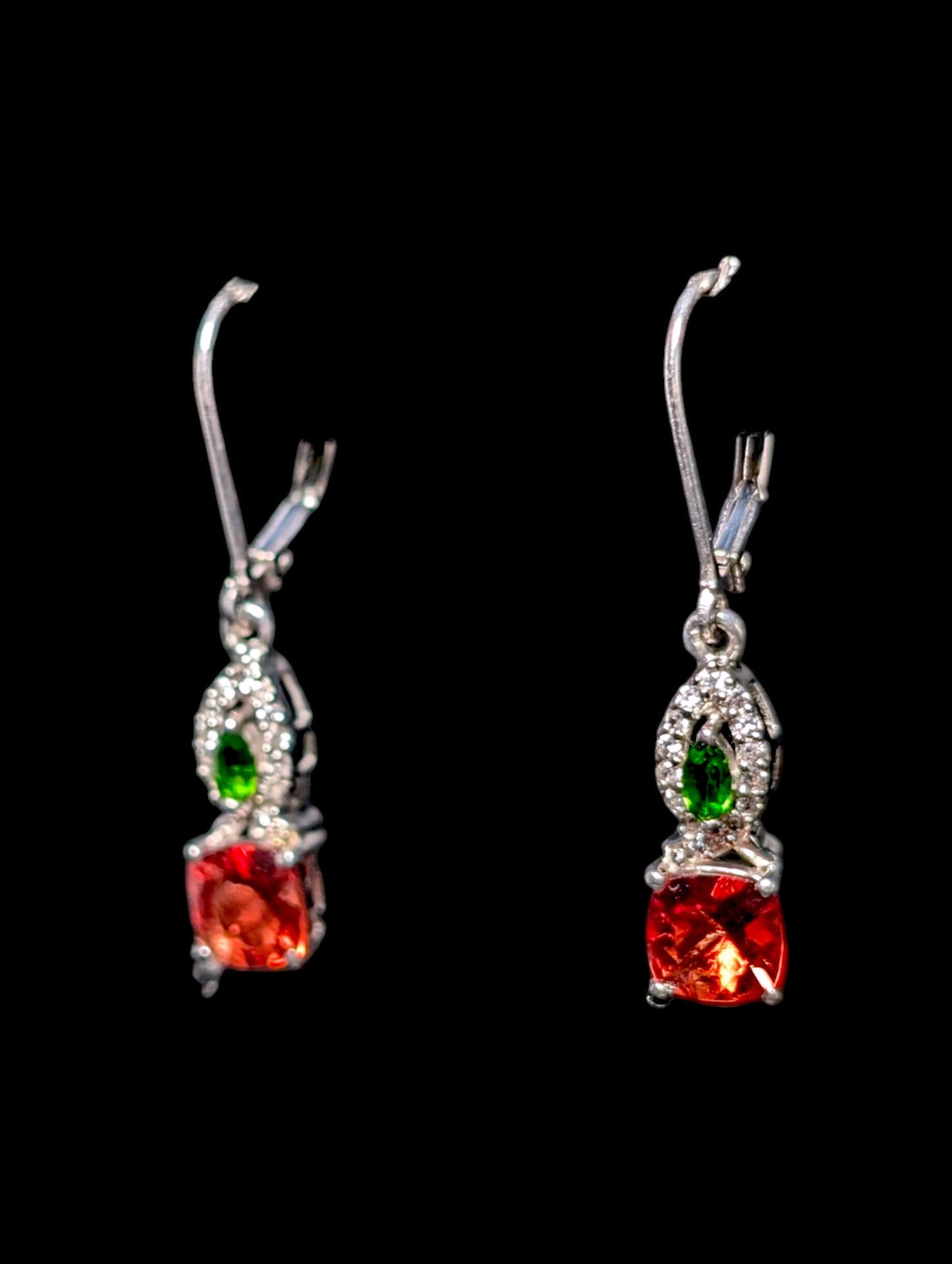 Vintage Genuine Hessonite Garnet, Chrome Diopside and White Zircon Dangle Drop Sterling Silver Earrings