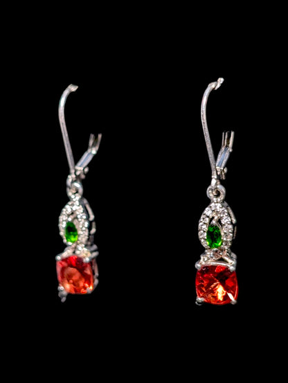 Vintage Genuine Hessonite Garnet, Chrome Diopside and White Zircon Dangle Drop Sterling Silver Earrings