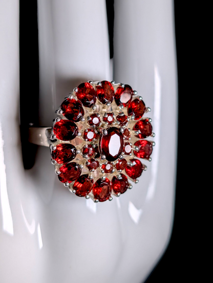 Vintage Oval Cut Genuine Pyrope Garnet Cluster Sterling Silver Statement Ring