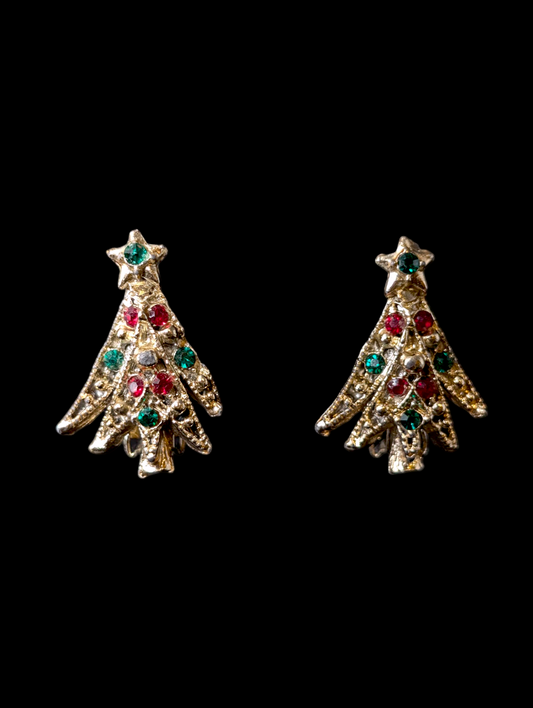 Vintage Red and Green Rhinestone Gold Toned Christmas Tree Earrings