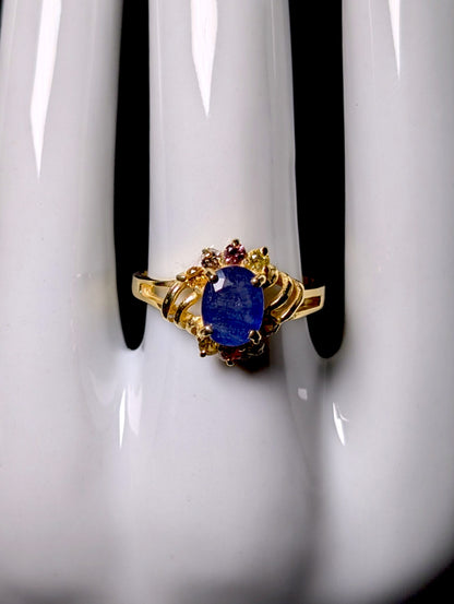 Vintage Genuine Sapphire Solitaire with Fancy Sapphire Accents Gold over Sterling Ring
