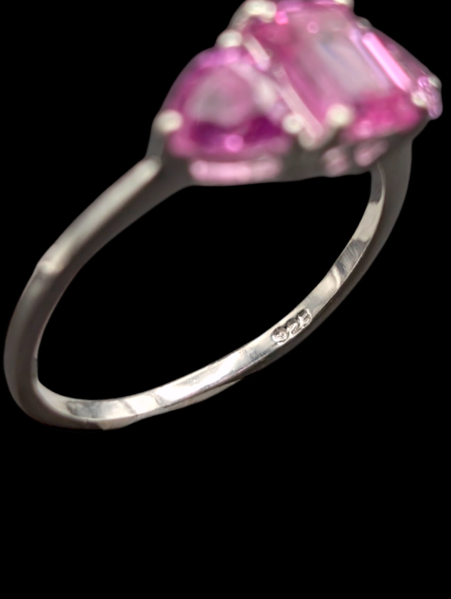 Vintage Inspired Pink Sapphire Sterling Silver Pendant, Necklace and 3 Stone Emerald Trillion Cut Ring Set