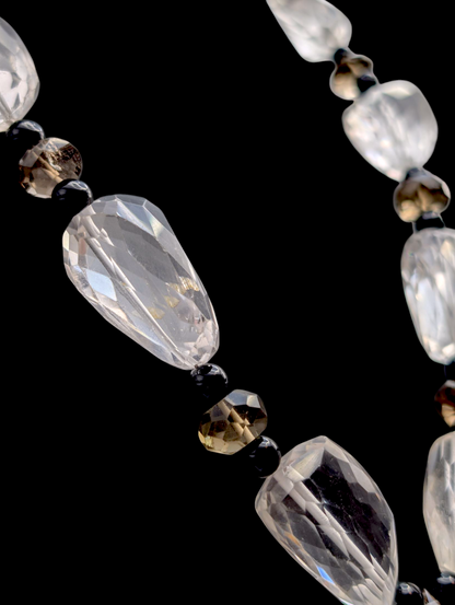 Vintage Briolette Cut Genuine Smoky Quartz, Crystal Quartz and Black Onyx Bead Sterling Silver Statement Necklace