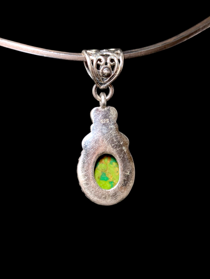 Vintage Oval Cut Bezel Cabochon Genuine Green Turquoise Sterling Silver Studded Artisan Pendant