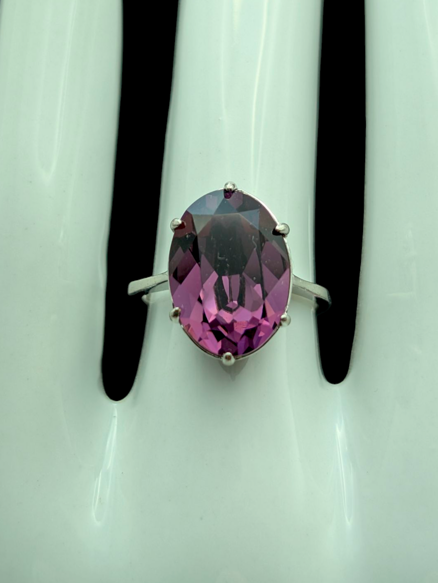 Vintage Dazzling Large Solitaire Simulated Amethyst Silver Statement Ring