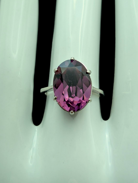 Vintage Dazzling Large Solitaire Simulated Amethyst Silver Statement Ring