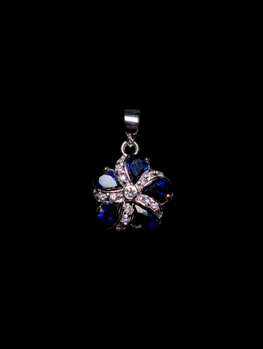Vintage Inspired Flower Simulated Sapphire and Simulated Diamond Sterling Silver Pendant