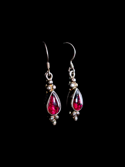 Vintage Tear Drop Cabochon Genuine Rhodolite Garnet Sterling Silver Earrings