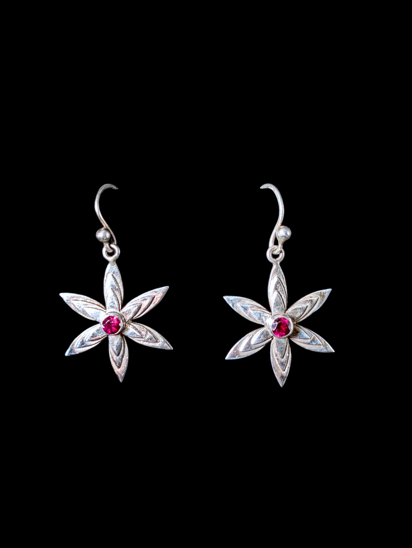 Vintage Flower Bezel Set Cabochon Genuine Garnet Sterling Silver Earrings