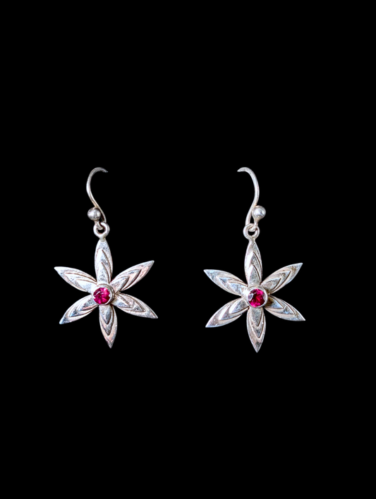 Vintage Flower Bezel Set Cabochon Genuine Garnet Sterling Silver Earrings