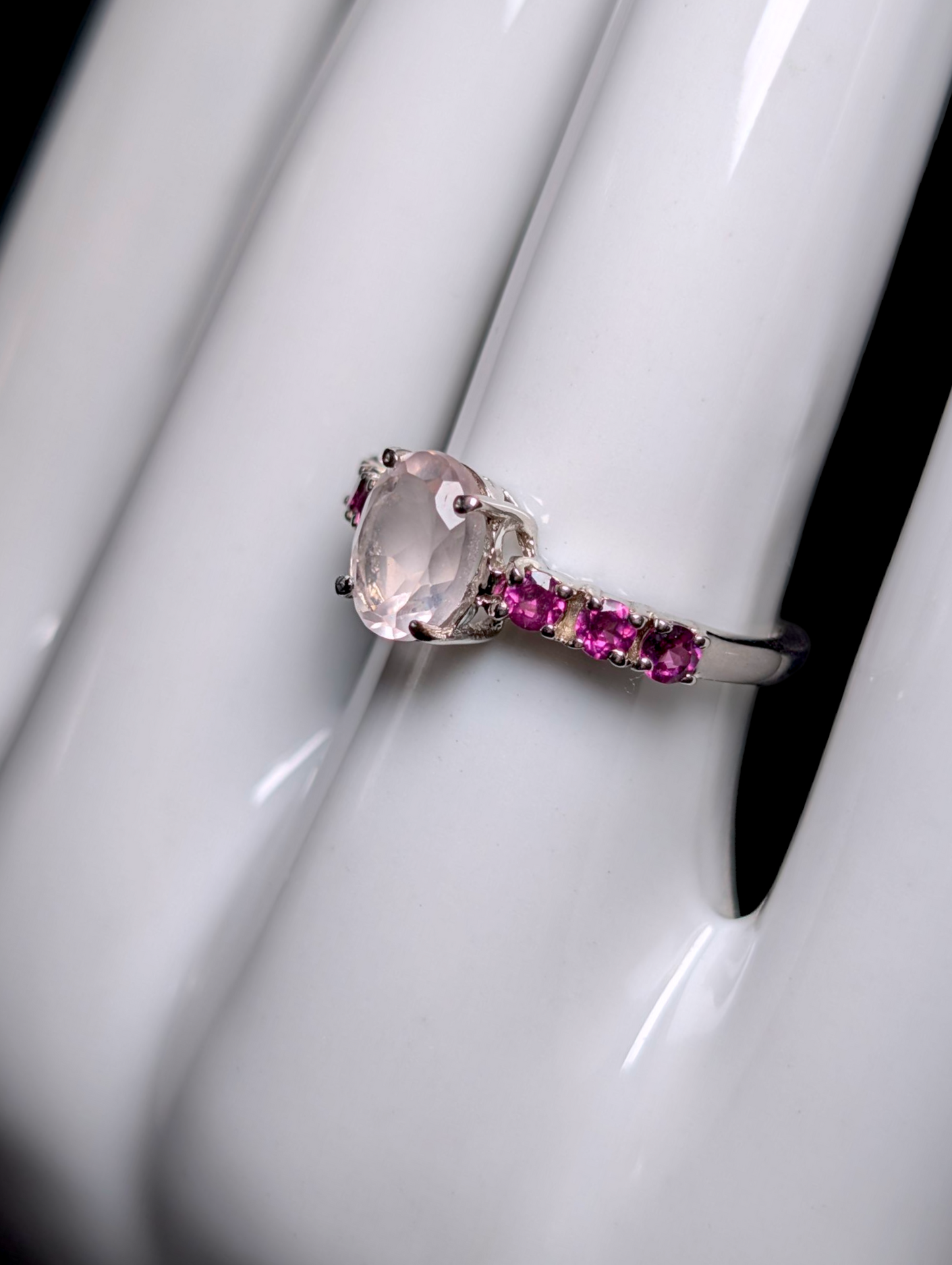 Vintage Oval Cut Genuine Rose Quartz Solitaire with Pink Tourmaline Accent Stones Sterling Silver Ring