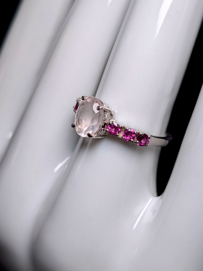 Vintage Oval Cut Genuine Rose Quartz Solitaire with Pink Tourmaline Accent Stones Sterling Silver Ring