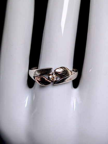 Vintage Black Hills Gold Round Cut Simulated Diamond 12K Gold and Rose Gold Leaf Sterling Silver Ring
