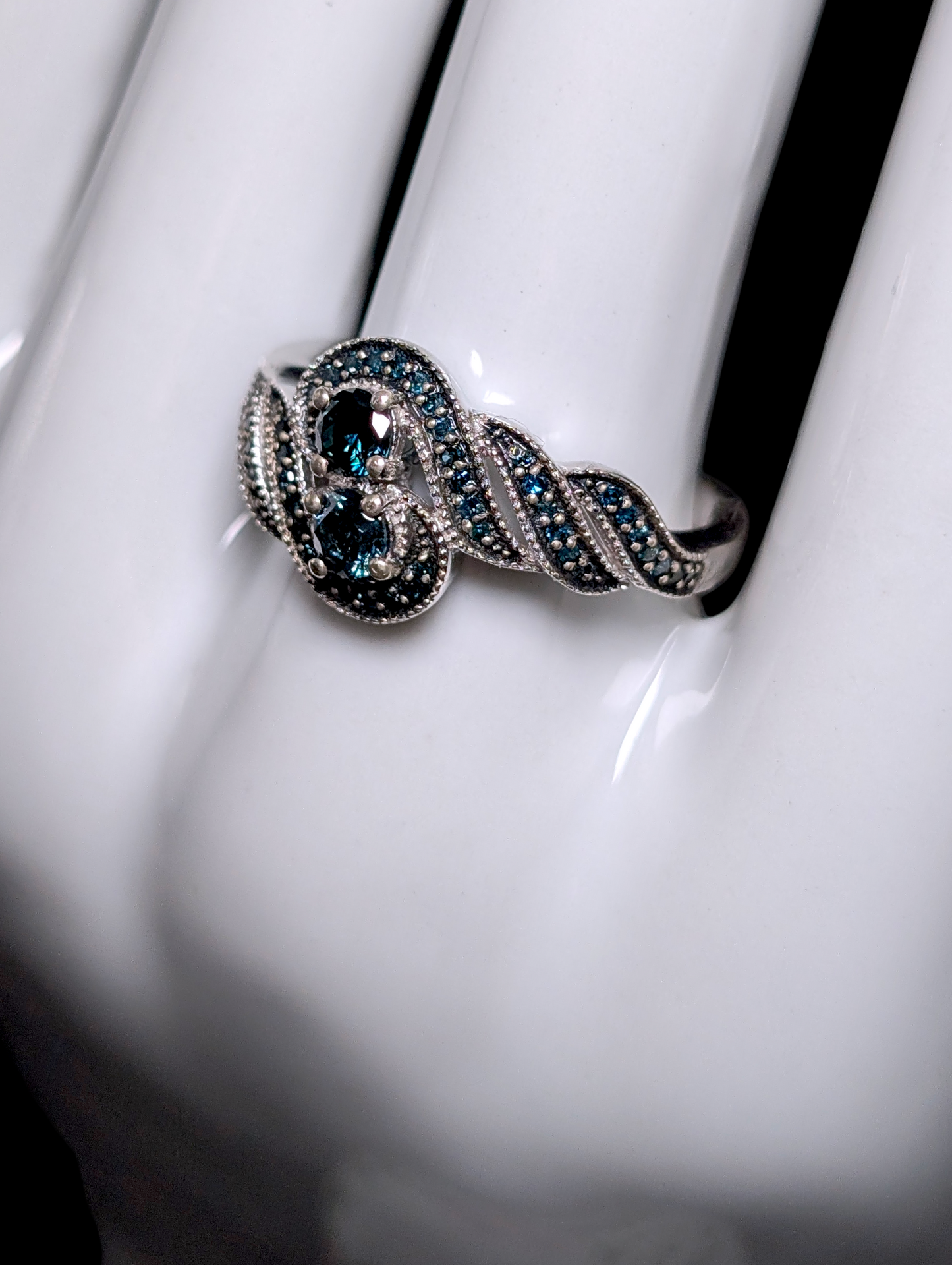 Vintage Twin Genuine Blue Diamond Crossover Sterling Silver and Black Rhodium Ring