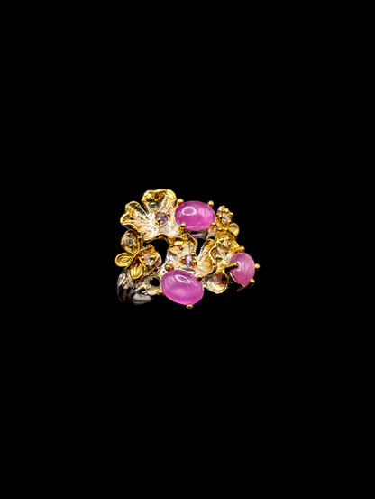 Vintage "Rubies in Springtime" Genuine Earth Mined Pink Ruby, Amethyst, and Zircon 14k Gold Dusted Sterling Silver Ring