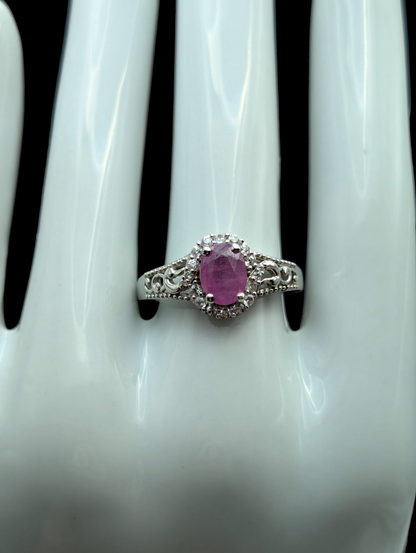 Vintage Oval Cut Solitaire Genuine Pink Sapphire Ruby with White Topaz Halo Sterling Silver Ring